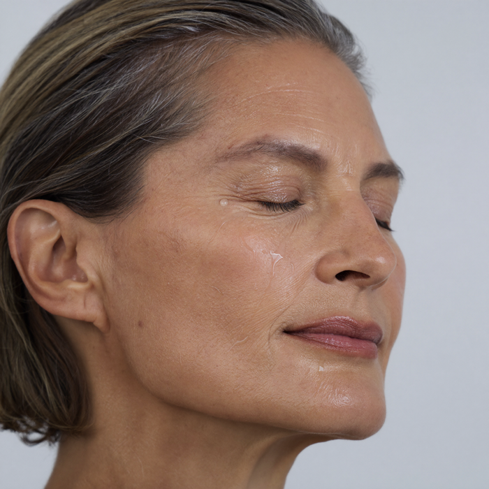 Woman in her early fifties with eyes closed and freshly hydrated skin
